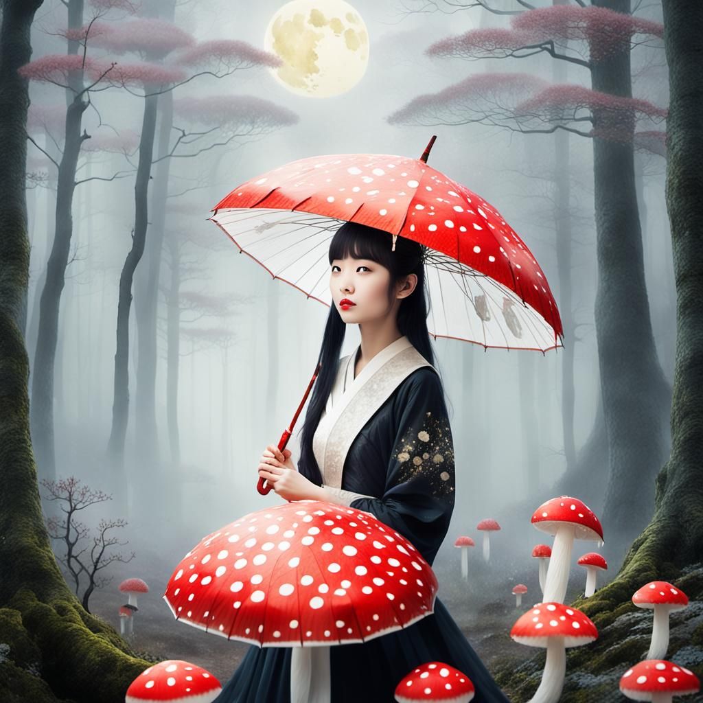 Japanese Princess Under a Dreamy Watercolor Umbrella in a Mo...