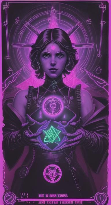 Cyberpunk Tarot Card: Nine of Pentacles in Neon