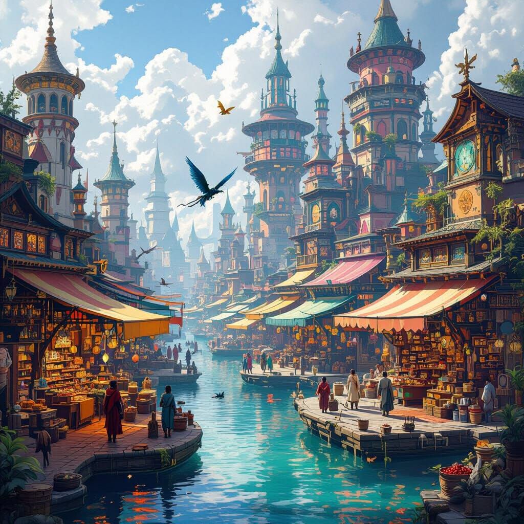 Fantastical Floating City Marketplace with Exotic Wares