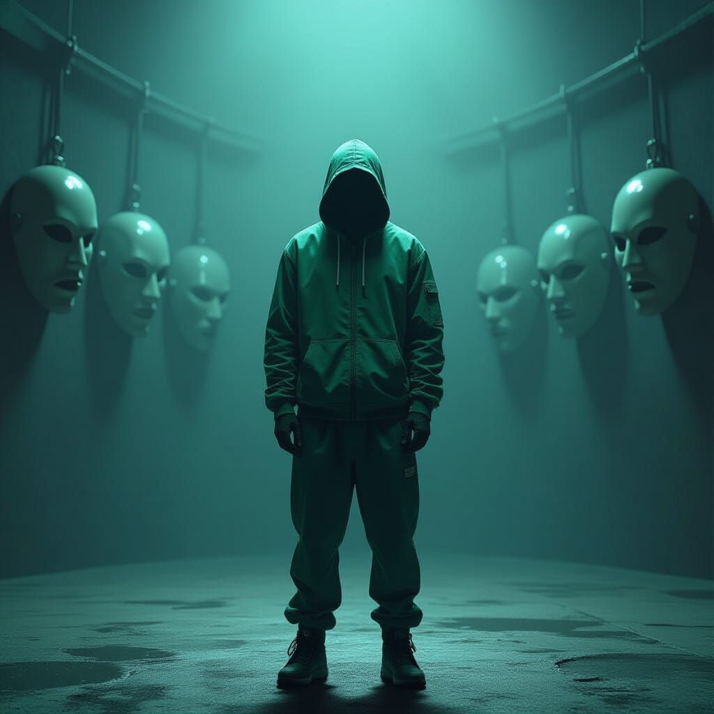 Eerie Arena: Mysterious Figure in Dystopian Futurism