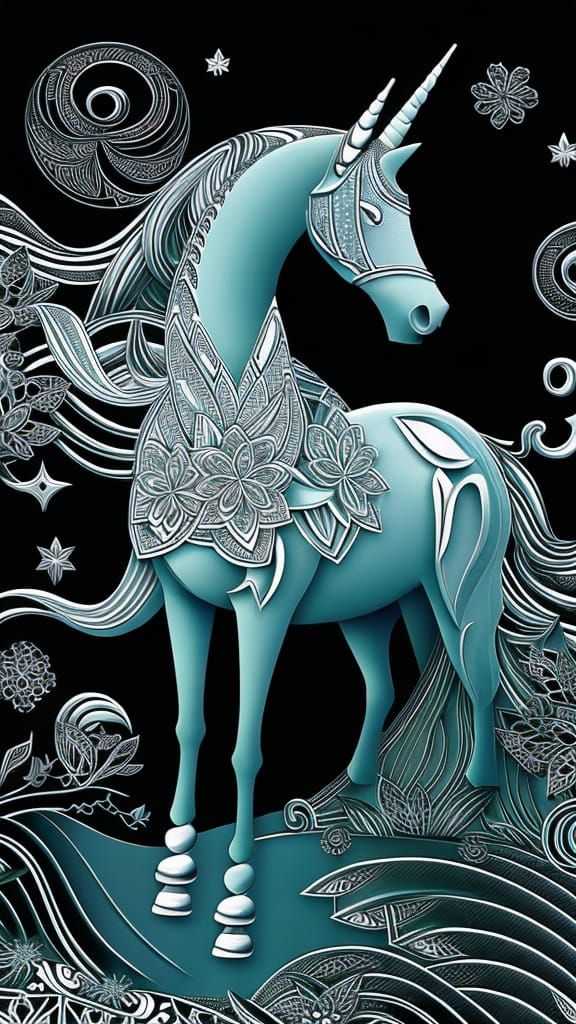 Unicorn in Enchanted Garden with Abstract Flowers