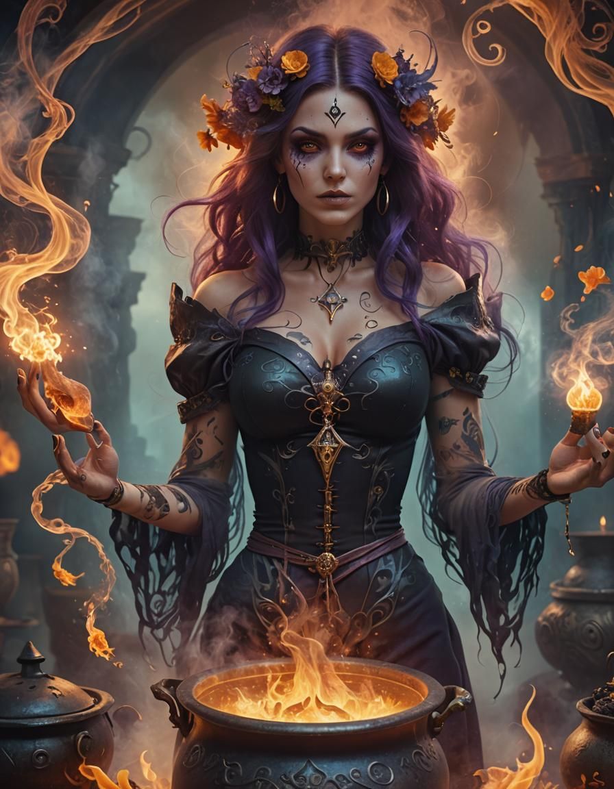 Mystical Witch with Cauldron in Digital Painting