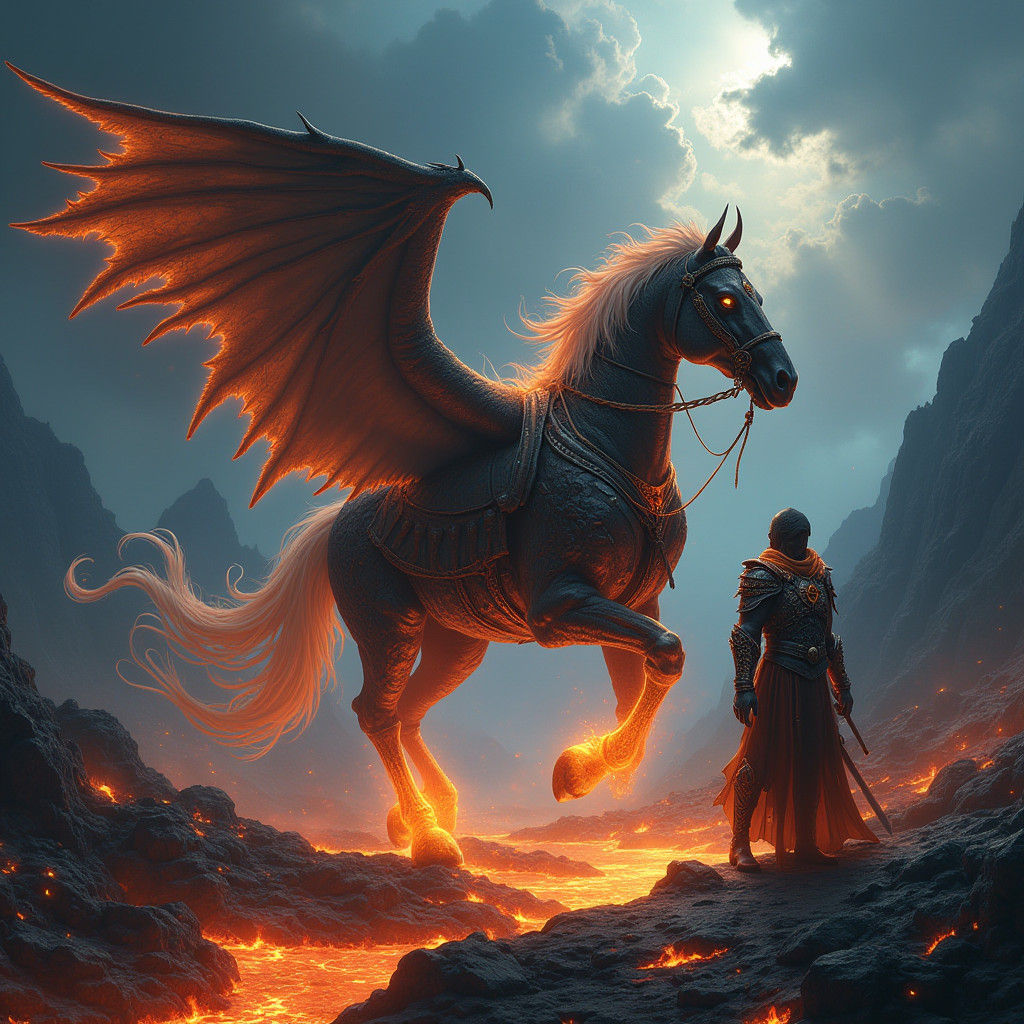Ethereal Warhorse in Lava Rivers, Gothic Fantasy Art
