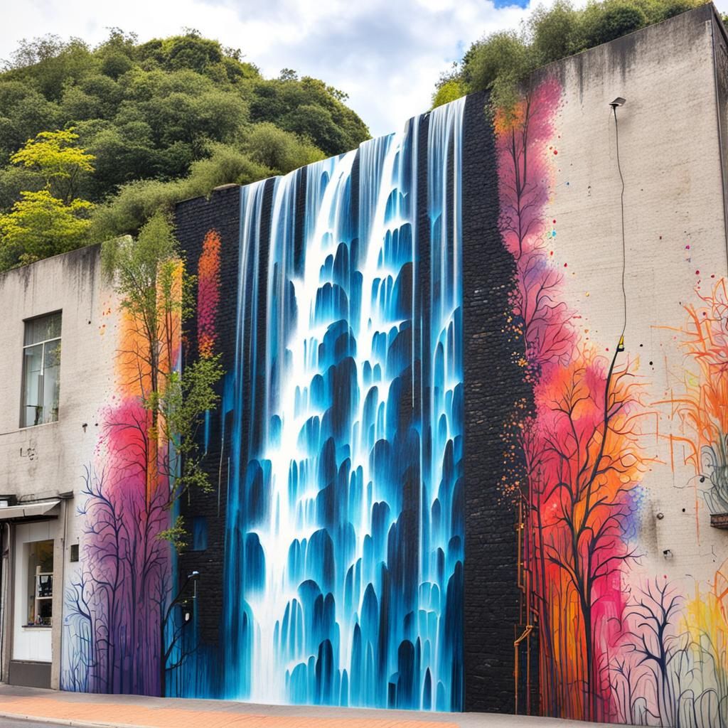 Crayon Waterfall Street Art on Weathered Wall