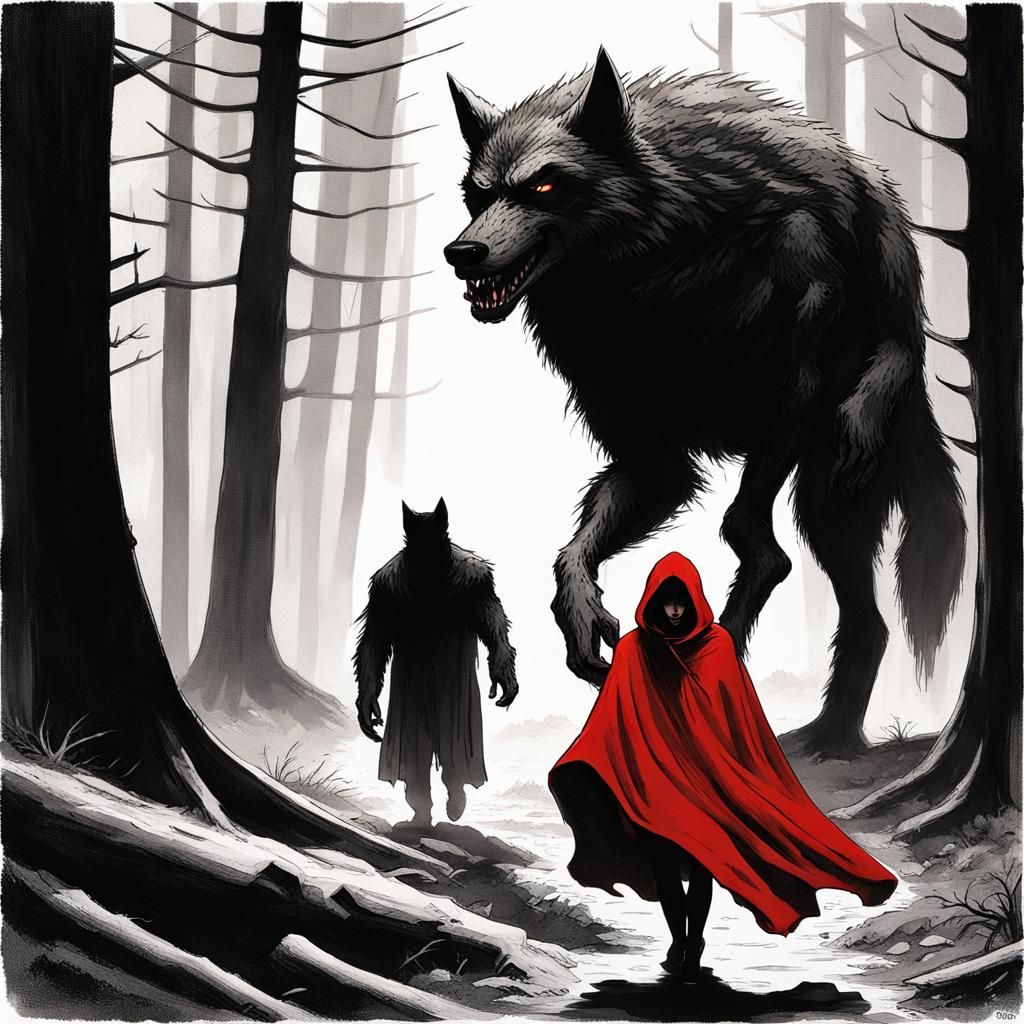 Woman and Werewolf in Dark Sinister Woods