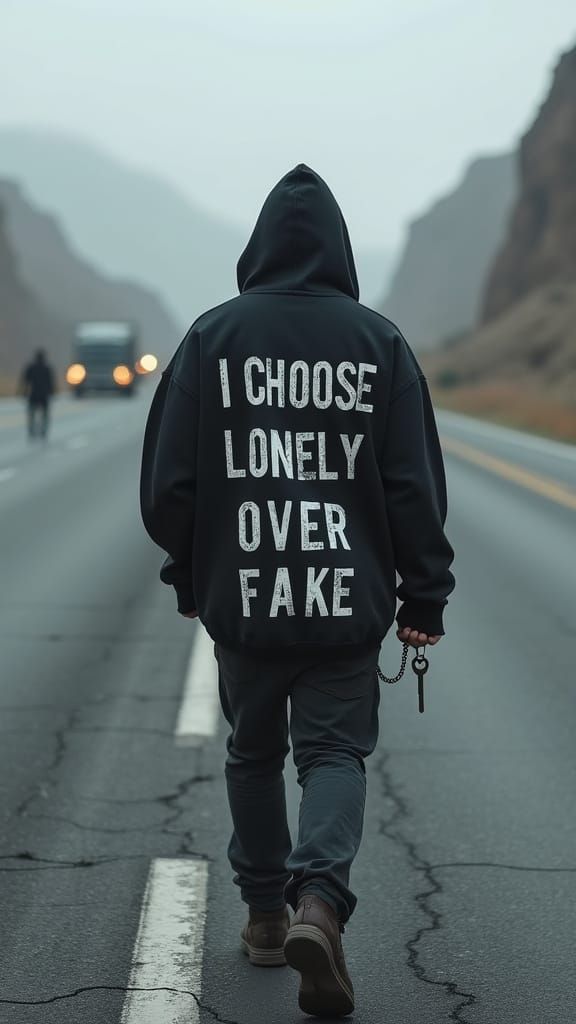 Hooded Figure on Desolate Highway: Cinematic Outlaw