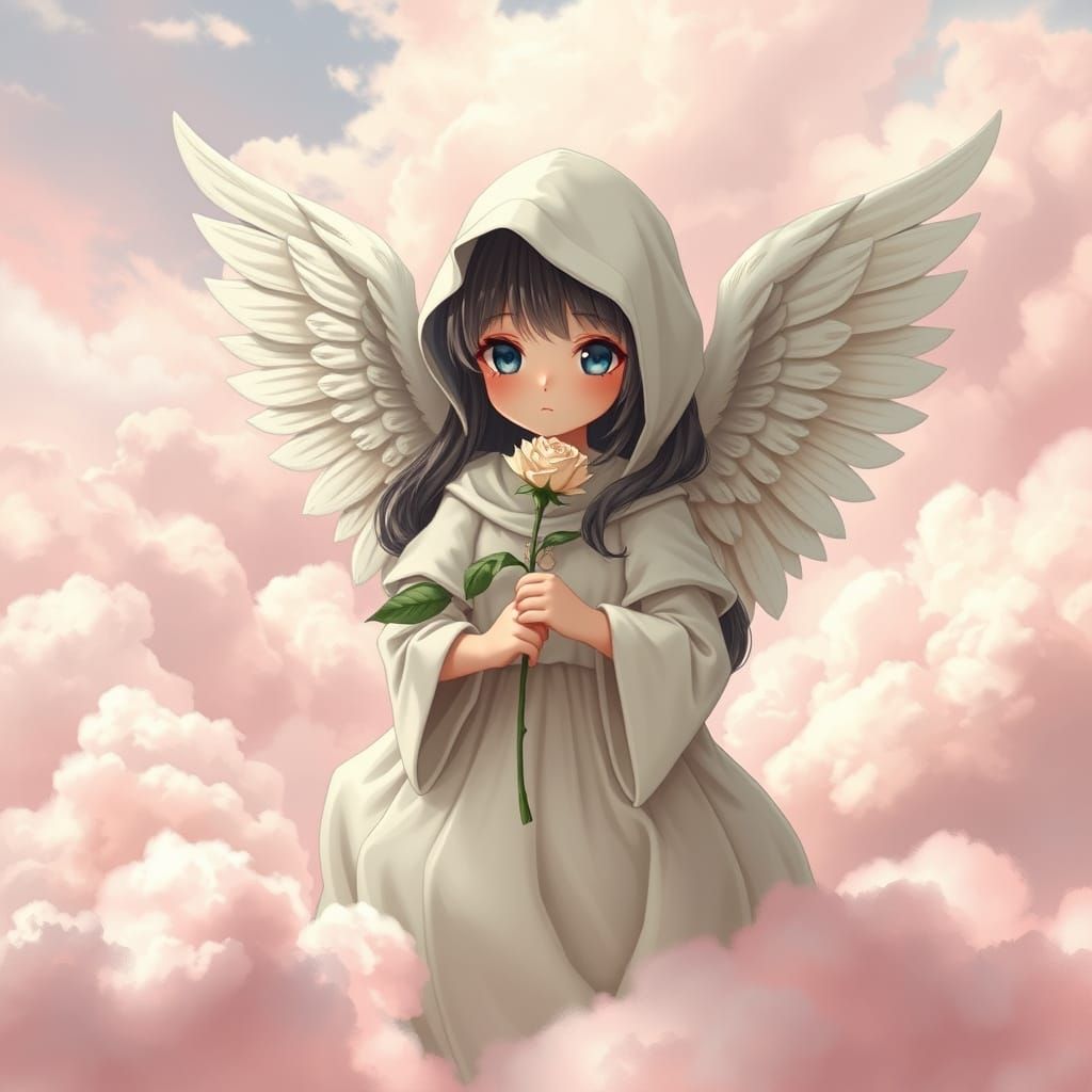 Ethereal Death Angel with Rose in Pink Cloudscape