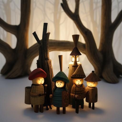 Charming Folk Art Chestnut Figures in Cozy Forest