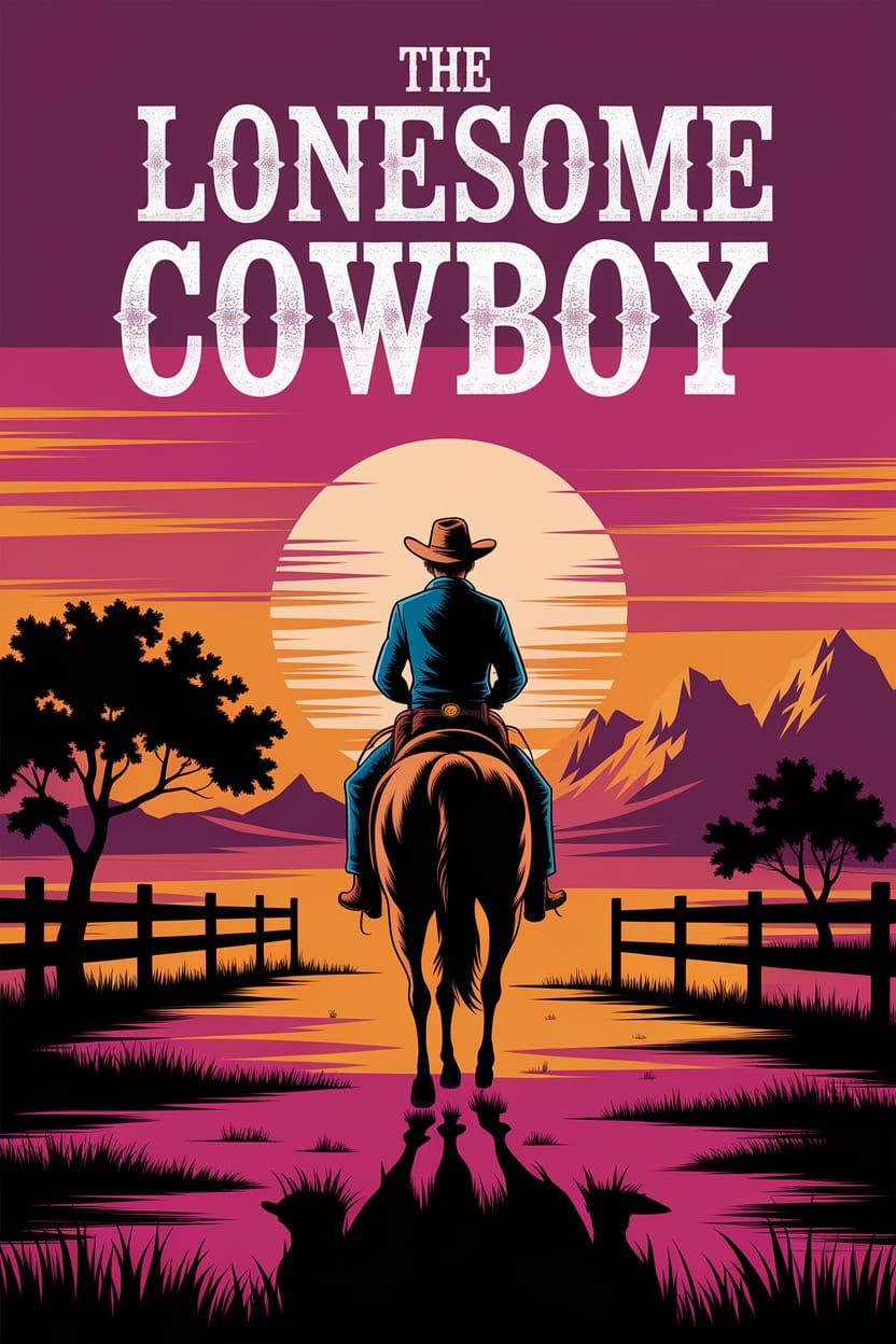 Lonesome Cowboy Rides into a Dramatic Sunset