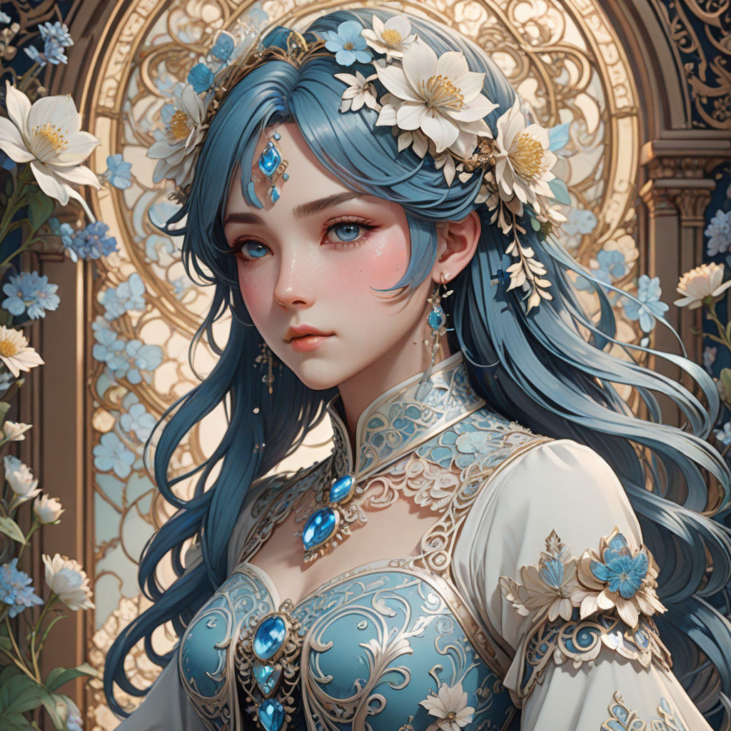 Delicate Blue Heart in Victorian Floral Pattern