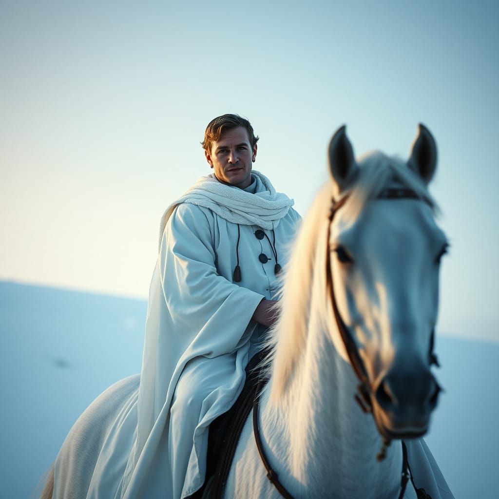 Ethereal Winter Scene with Majestic Figure on White Horse in...