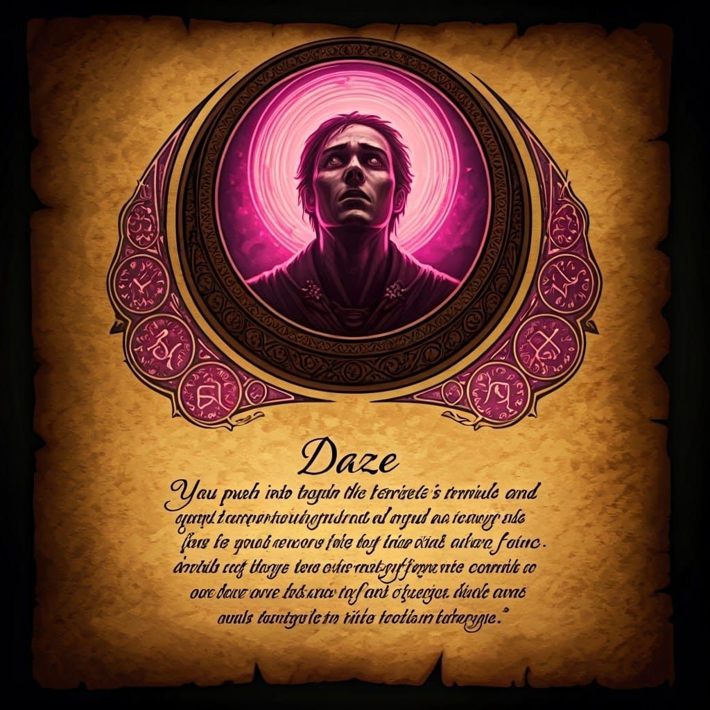 Mystical Parchment Page: Daze Cantrip in Art Nouveau Style