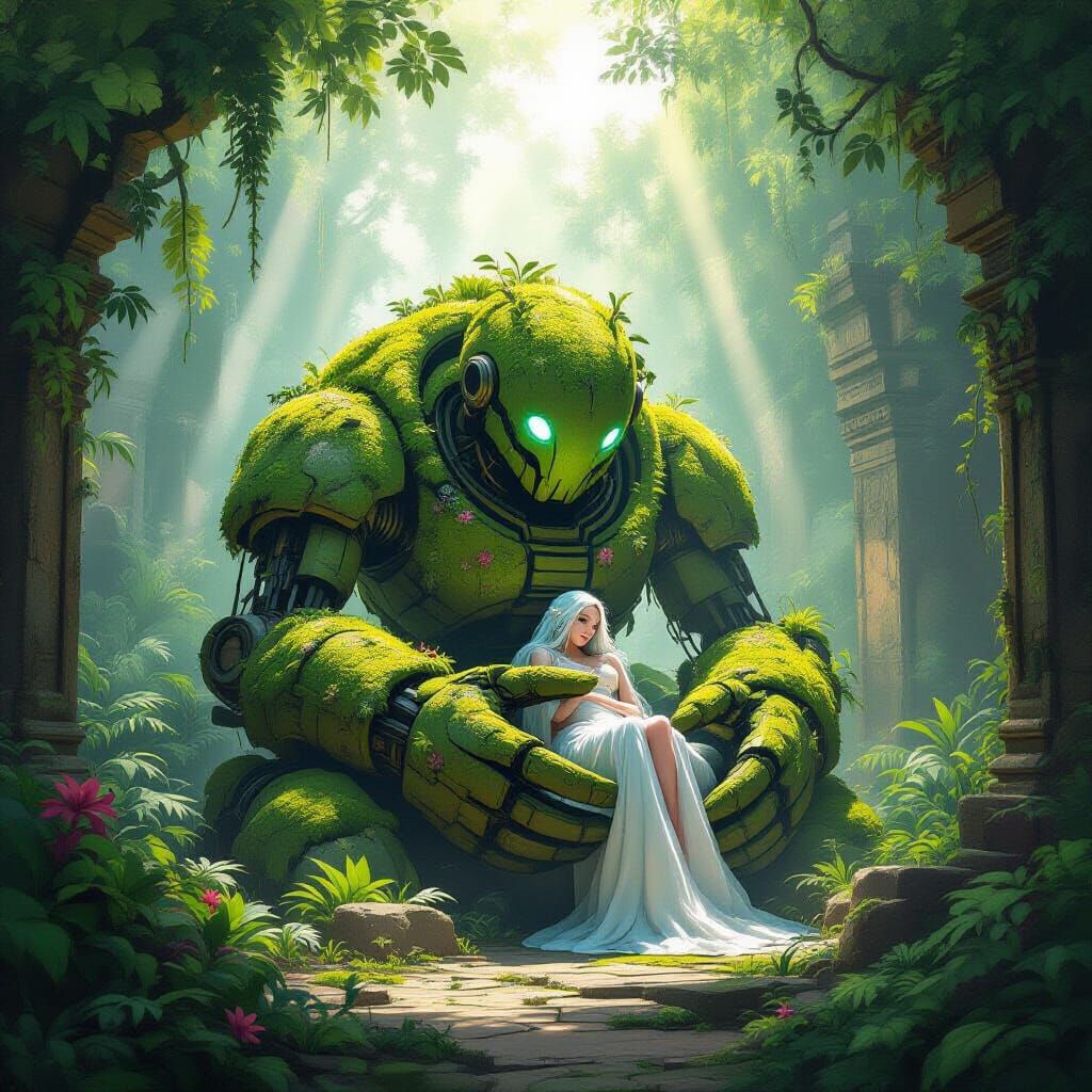 Mossy Automaton Cradles Celestial Being in Jungle Ruins