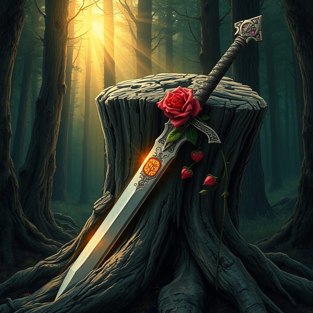 Mystical Sword in Tree Stump, Hyperrealistic Art