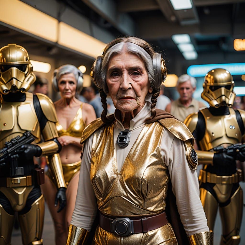 Elderly Cosplayer as Princess Leia in Gold Bikini