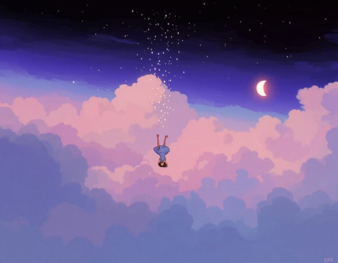 Girl Falling Through Twilight Sky in Ghibli Style