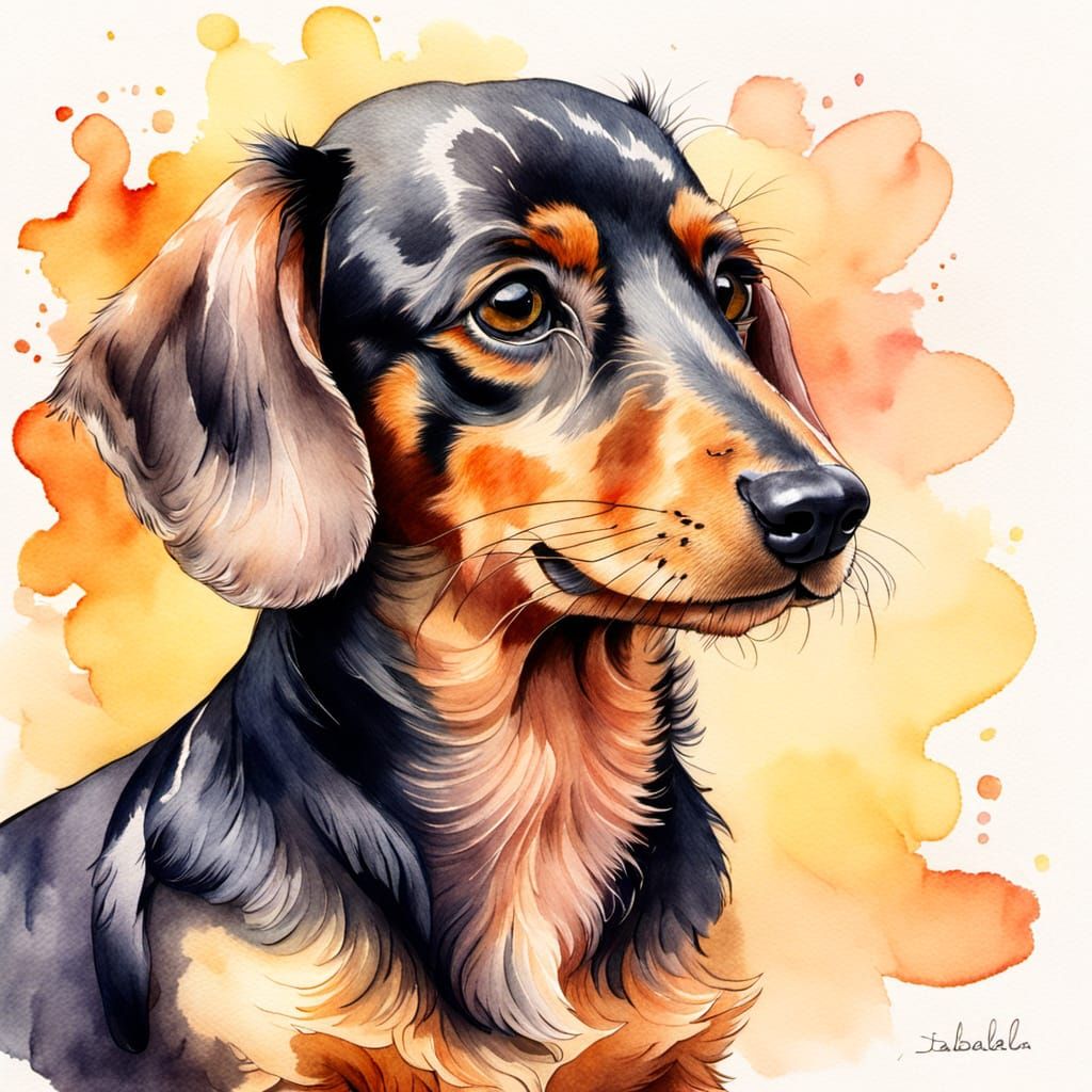 Vibrant Watercolor Portrait of a Miniature Dachshund