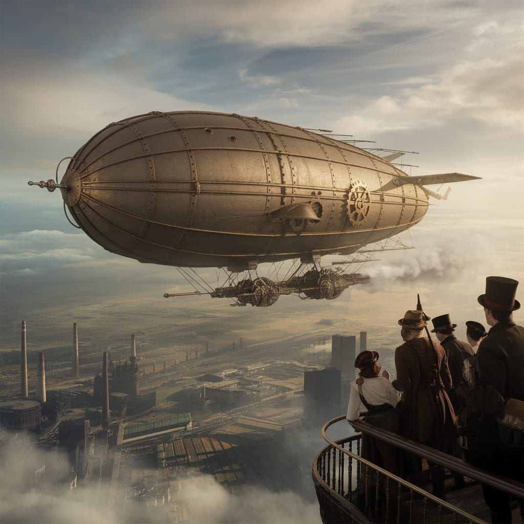 Steampunk Airship Soaring Through Industrial Skies