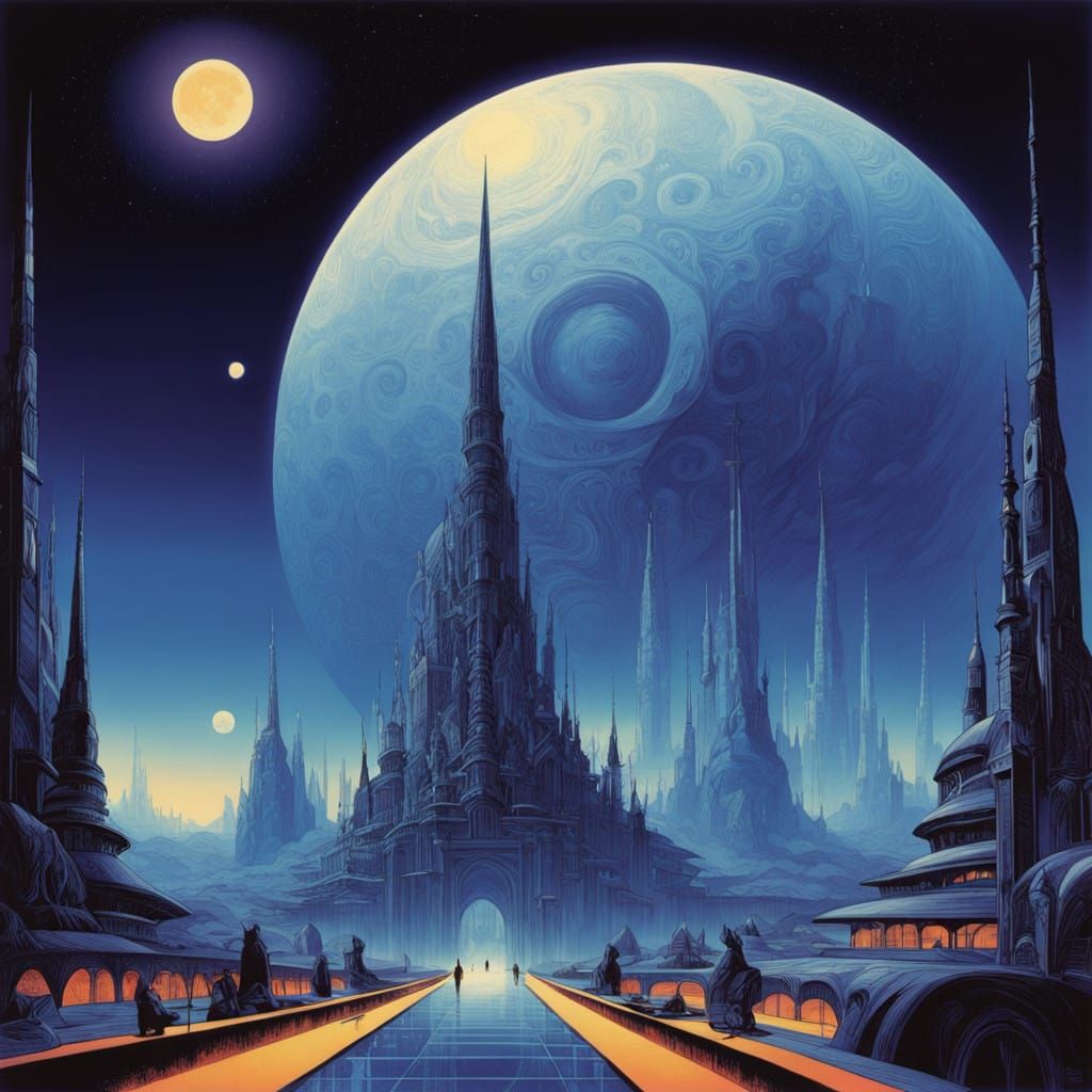 Ethereal Alien Metropolis under Glowing Moons