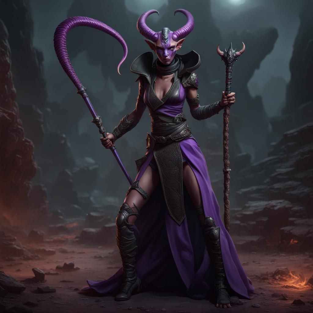 Tiefling Character with Snake Staff, Fantasy Concept Art