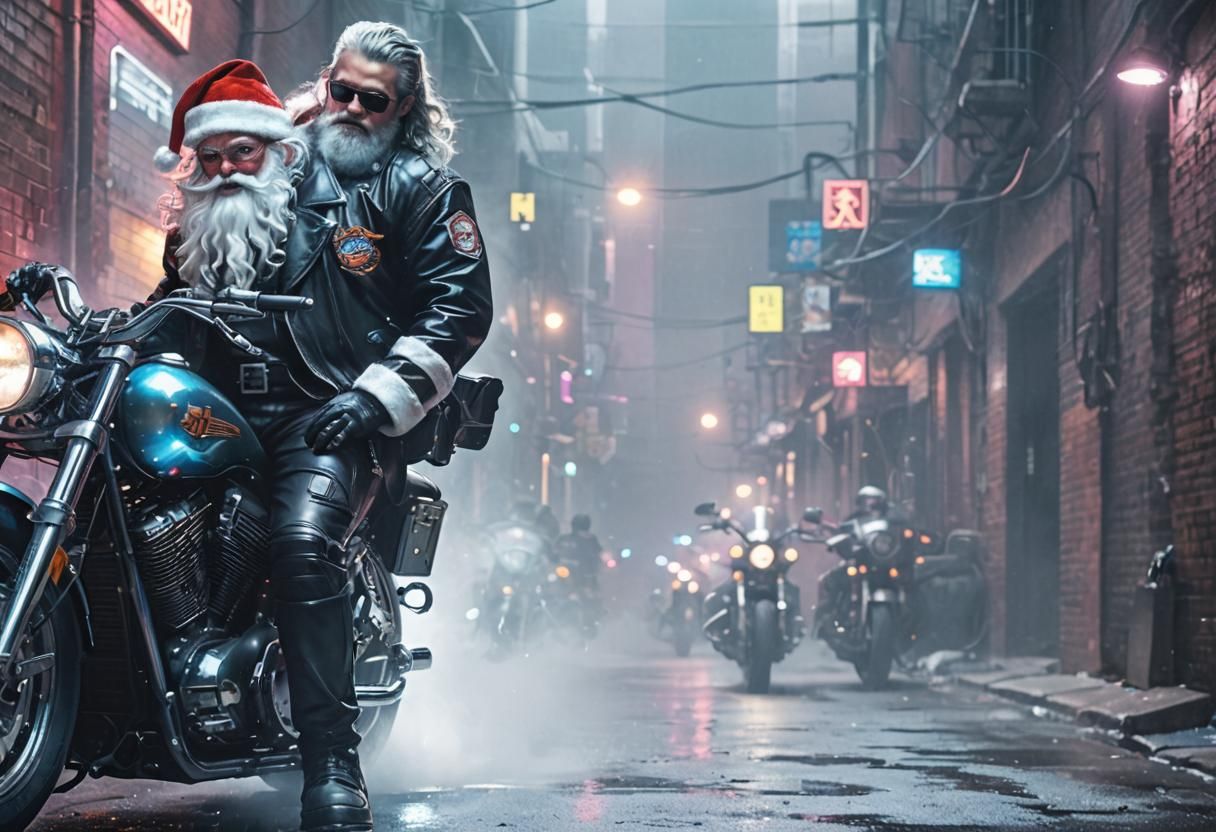 Futuristic Santa on a Harley in a Neon Alleyway