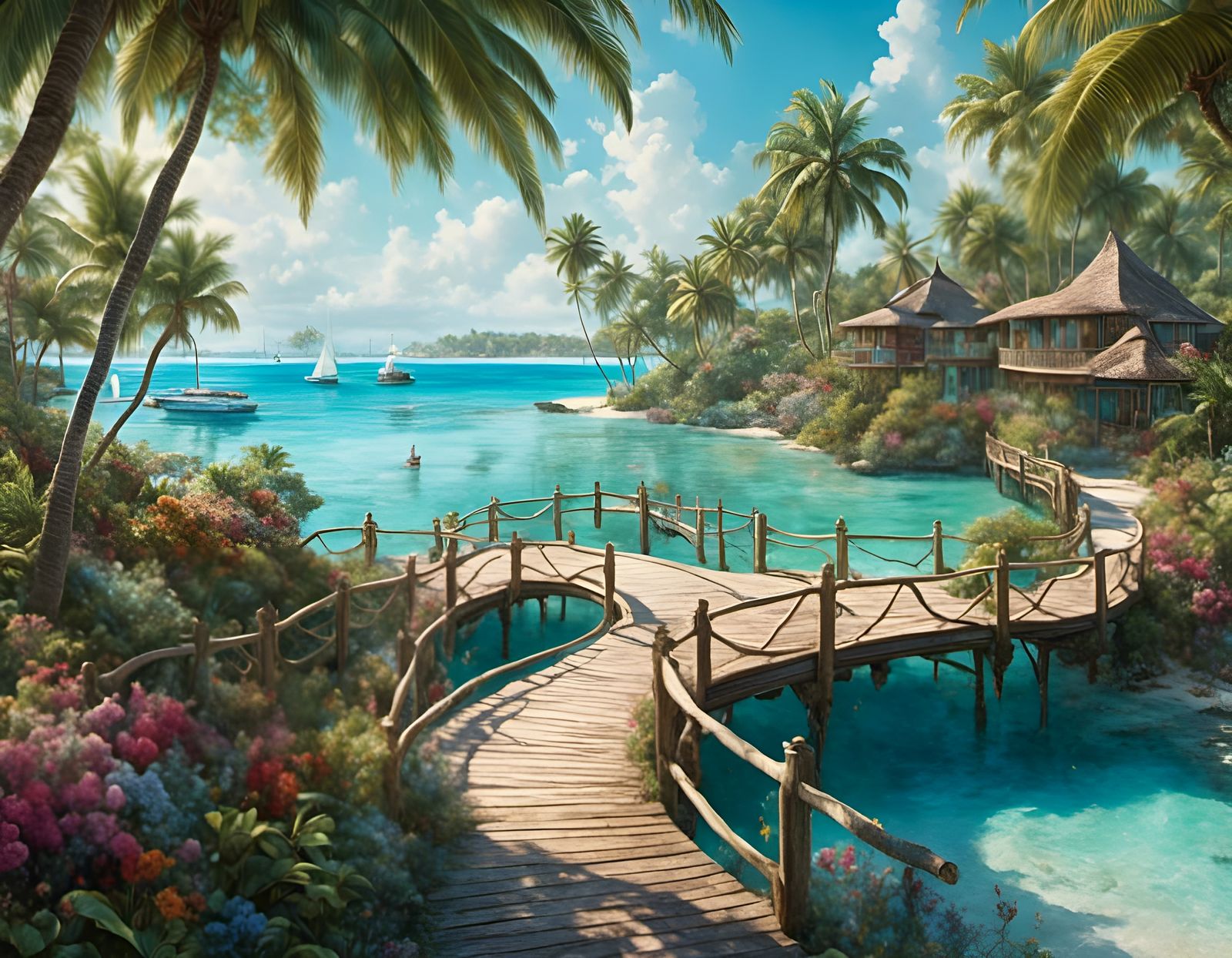 Dreamy Retro Maldives Boardwalk Scene