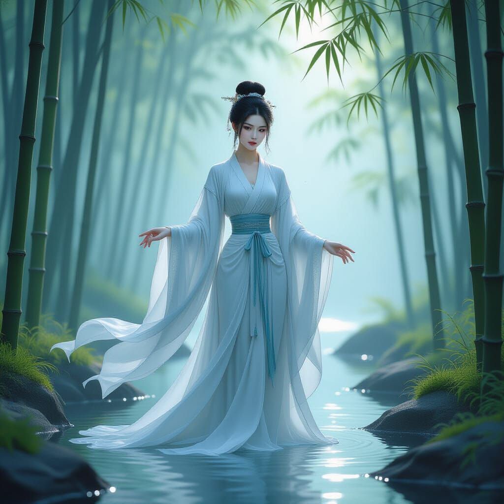 Ethereal Chinese Woman in Misty Bamboo Forest