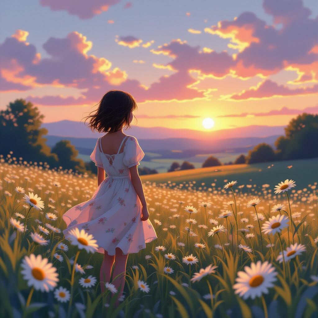 Girl in Daisies at Sunset: Ethereal Digital Art