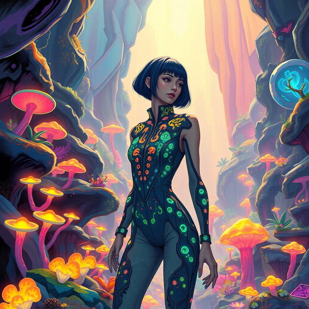 Bioluminescent Jumpsuit in Fauvist Bauhaus Dreamscape