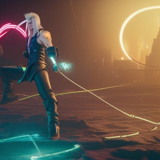 Sephiroth on the Moon in Cyberpunk Style