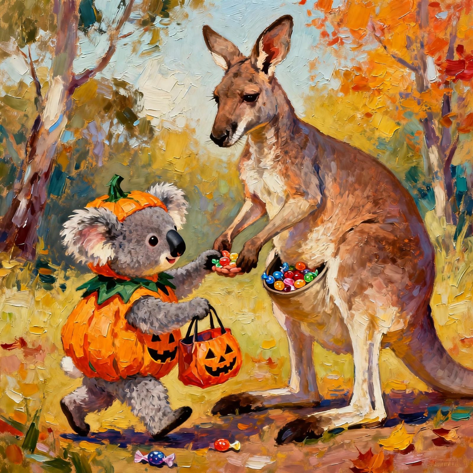 Cute Koala Trick-or-Treating with Kangaroo in Impasto Style
