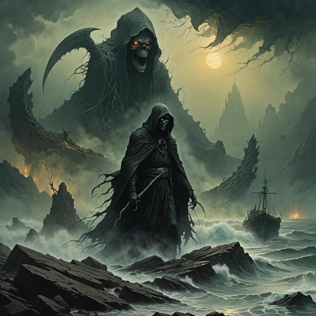 Grim Reaper Watches Ship Devoured by Sea Monster