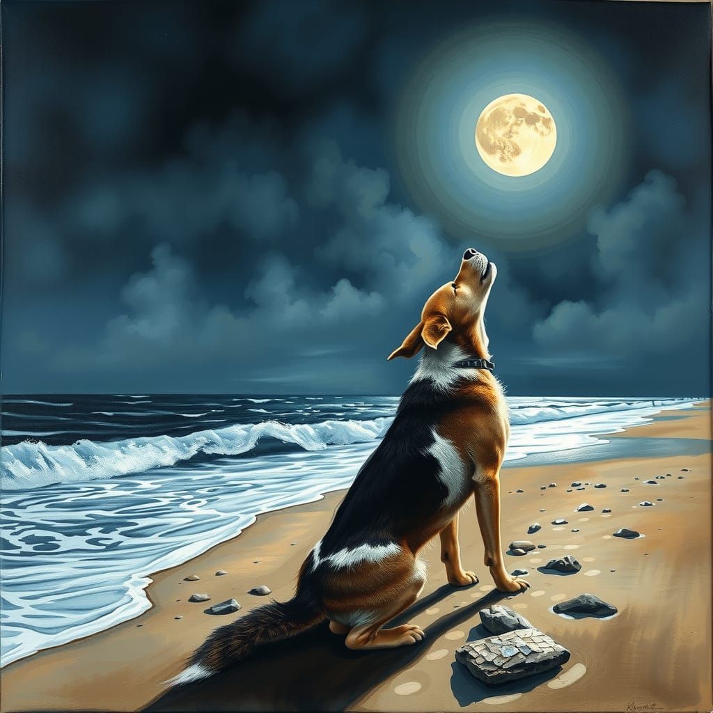 Dog Howling at Moon in Acrylic Pour Style