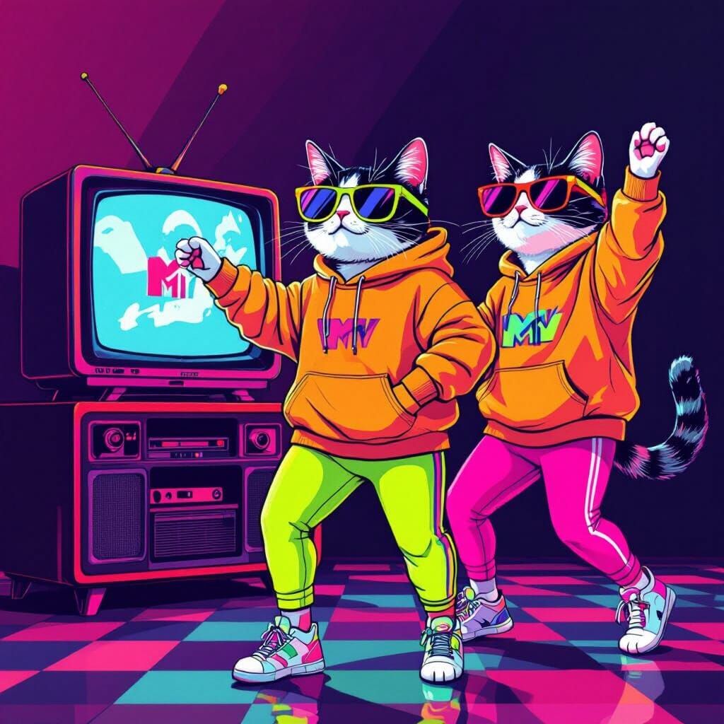 Cats Dancing in Neon 80s Pop Art Style