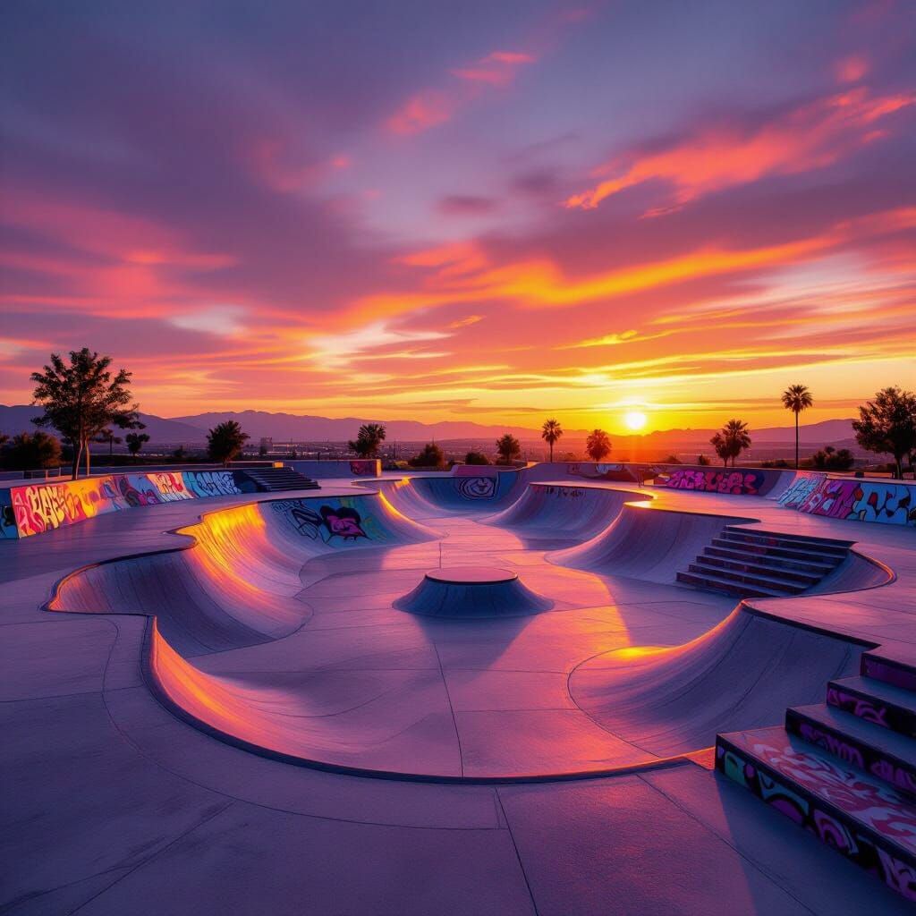 Futuristic Skate Park at Sunset, Wide-Angle Cinematic View
