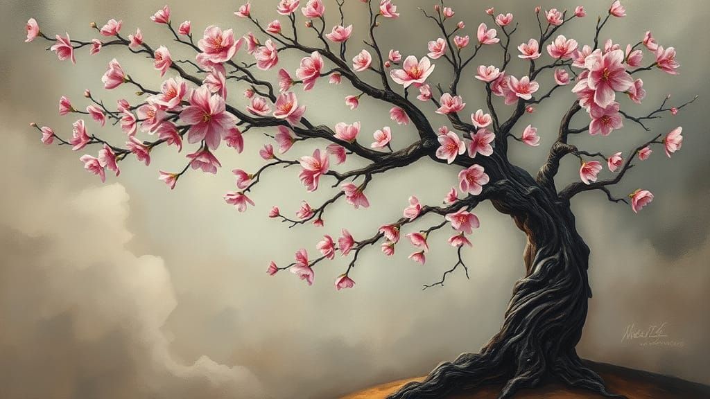 Surrealist Oil Painting of Sakura Tree in Dali Style