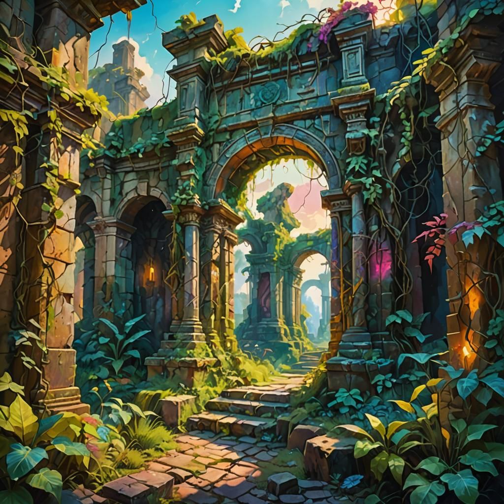 Ancient Ruins Reclaimed: Vibrant Oil Painting in 8K