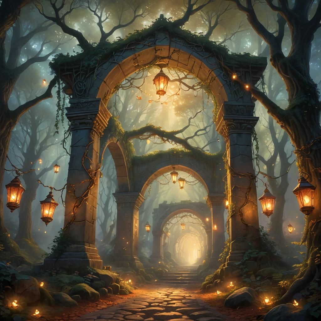Mystical Archway in Misty Forest: Digital Art