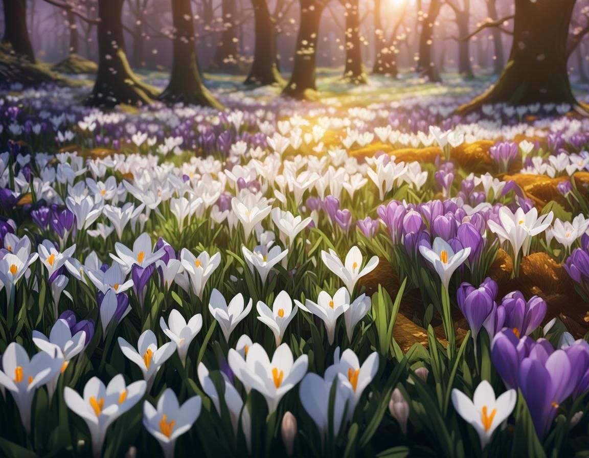 Snowdrops and Crocus Flowers in a Lush Meadow