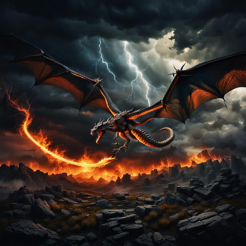 Fantasy Dragon Ignites Stormy Landscape
