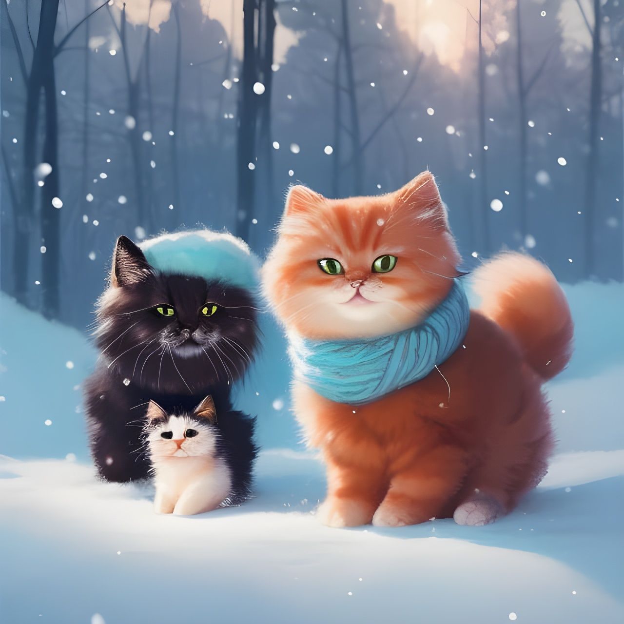 Cute Cat Family Portrait in Snow, Digital Art