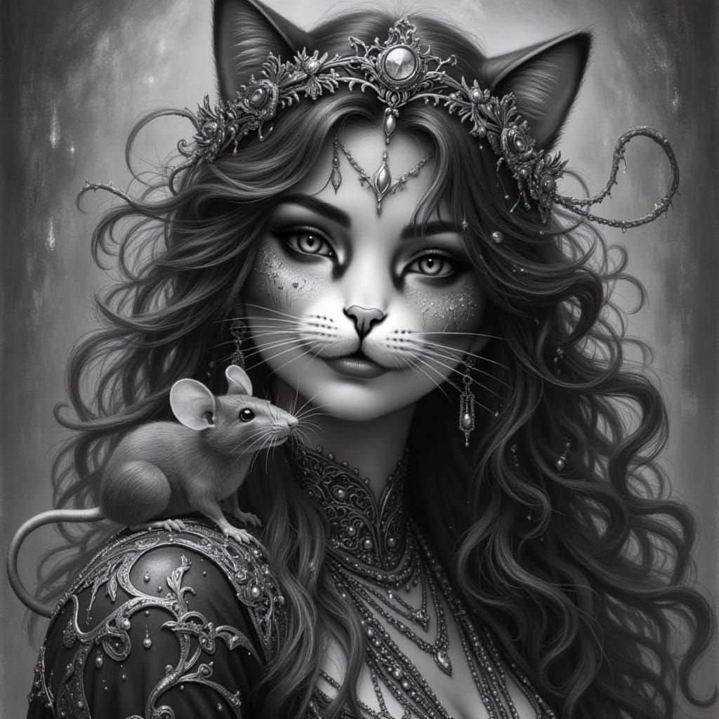 Cat Witch with Mouse Familiar and Gypsy Wagon