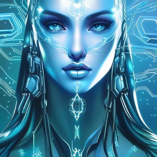 Android in Cyberpunk Ambiance with Binary Code Holograms