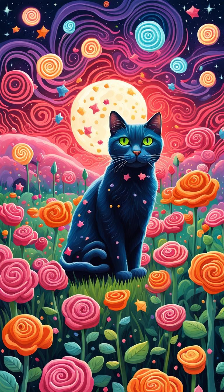 Halloween Cat in Candyland Rose Field Gouache Painting