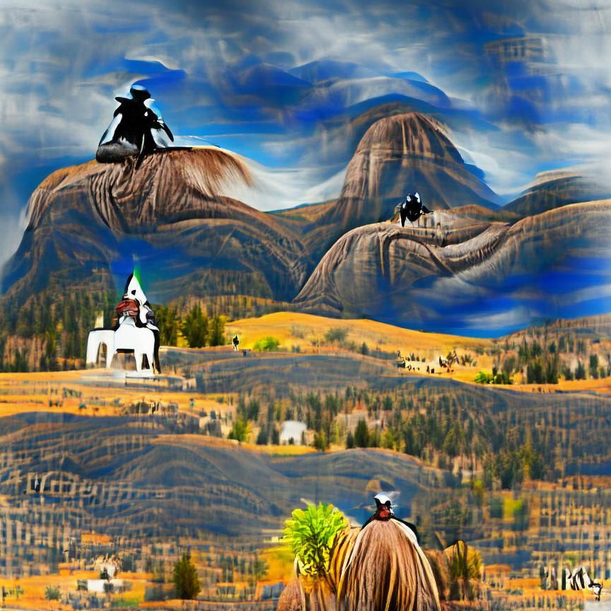 Cowboy riding on a black horse over the hills and mountains ...