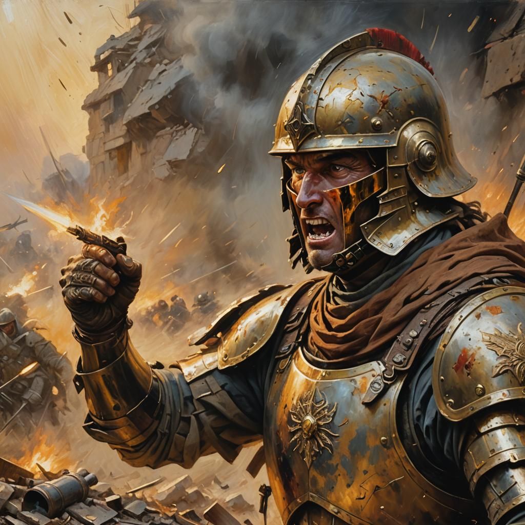 Brave Warrior Bites Bullet, Oil Painting Style