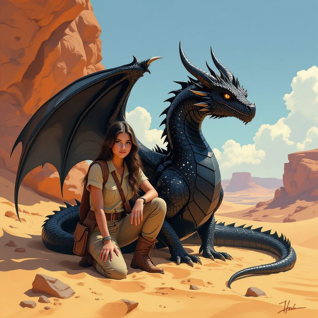 Archeologist and Dragon in Desert Cave, Frazetta Style