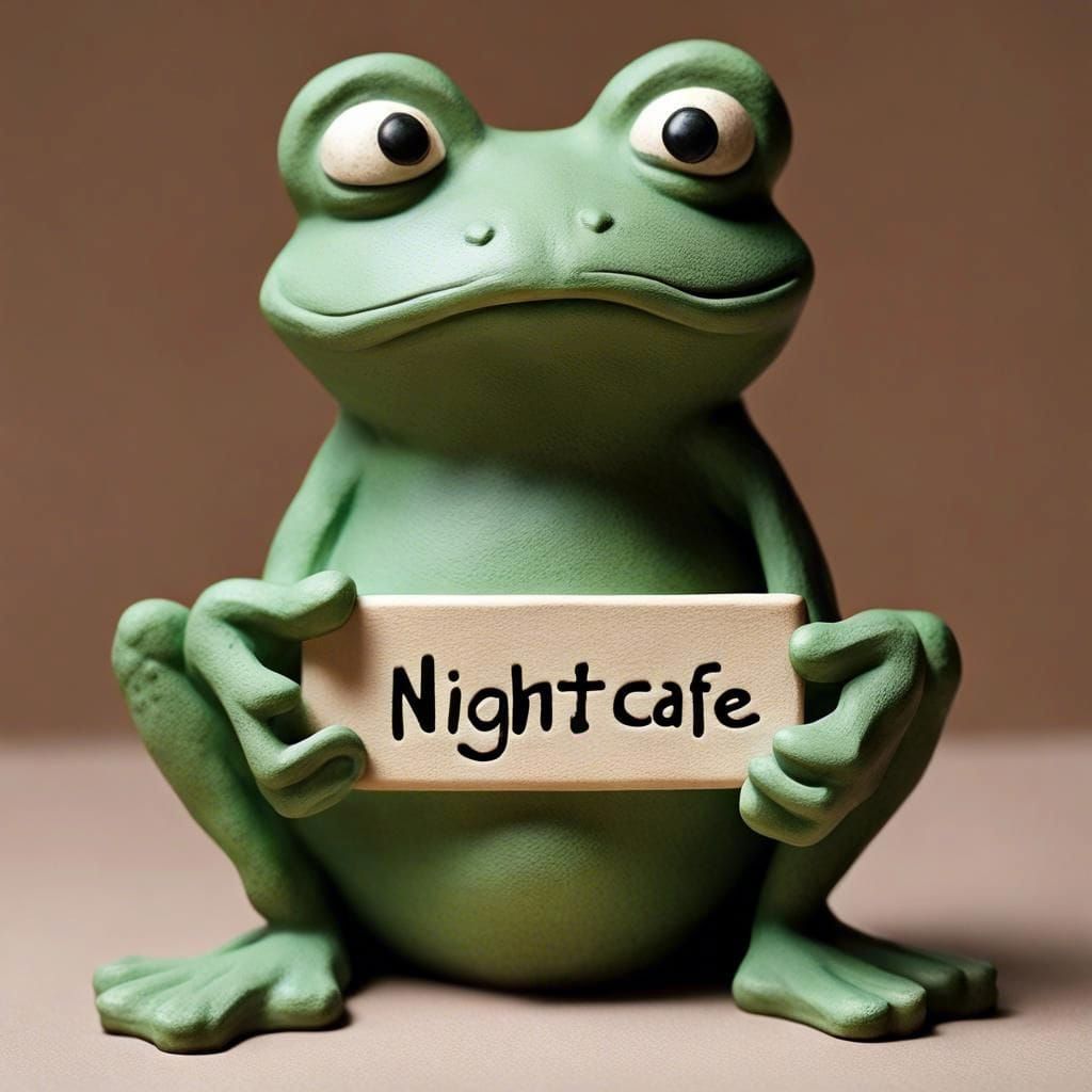 Clay Frog Sculpture Holding NIGHTCAFE Sign