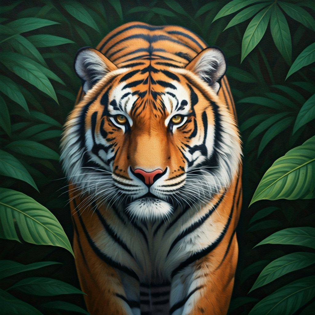 Majestic Tiger Prowling Through Jungle: An Oil Painting