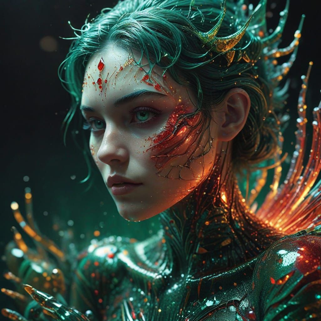 Hyperrealistic Gelatin Girl with Emerald Tiger Skull in Intr...